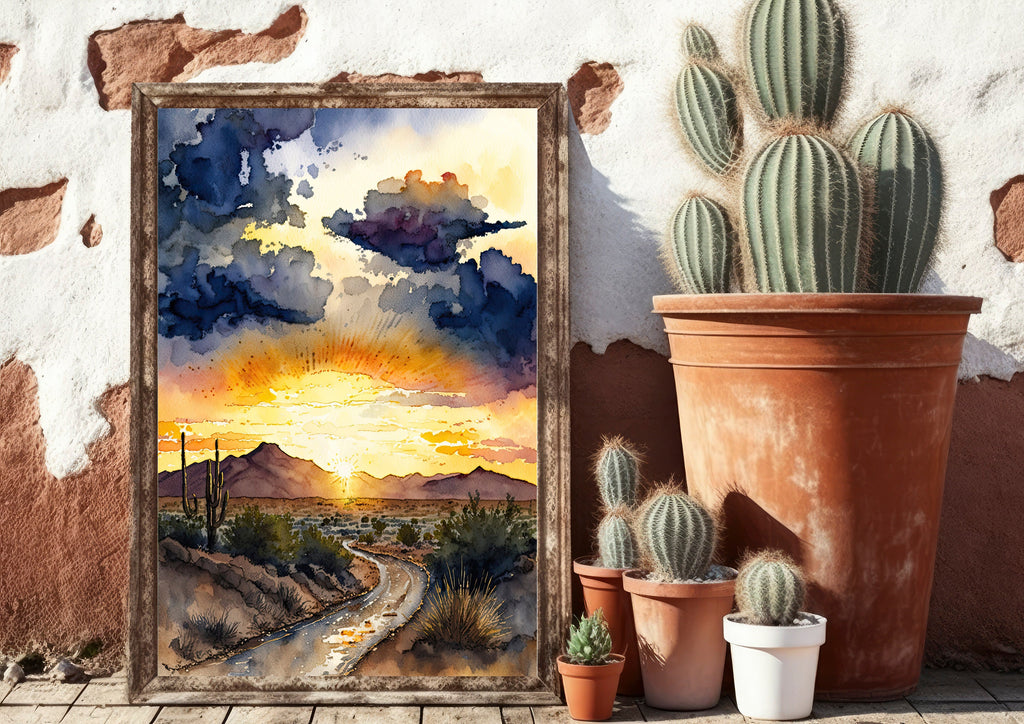 Desert Sunset Print Colorful Watercolor Wall Art Southwest Landscape Gift Saguaro Cactus Beautiful Nature Home Decor