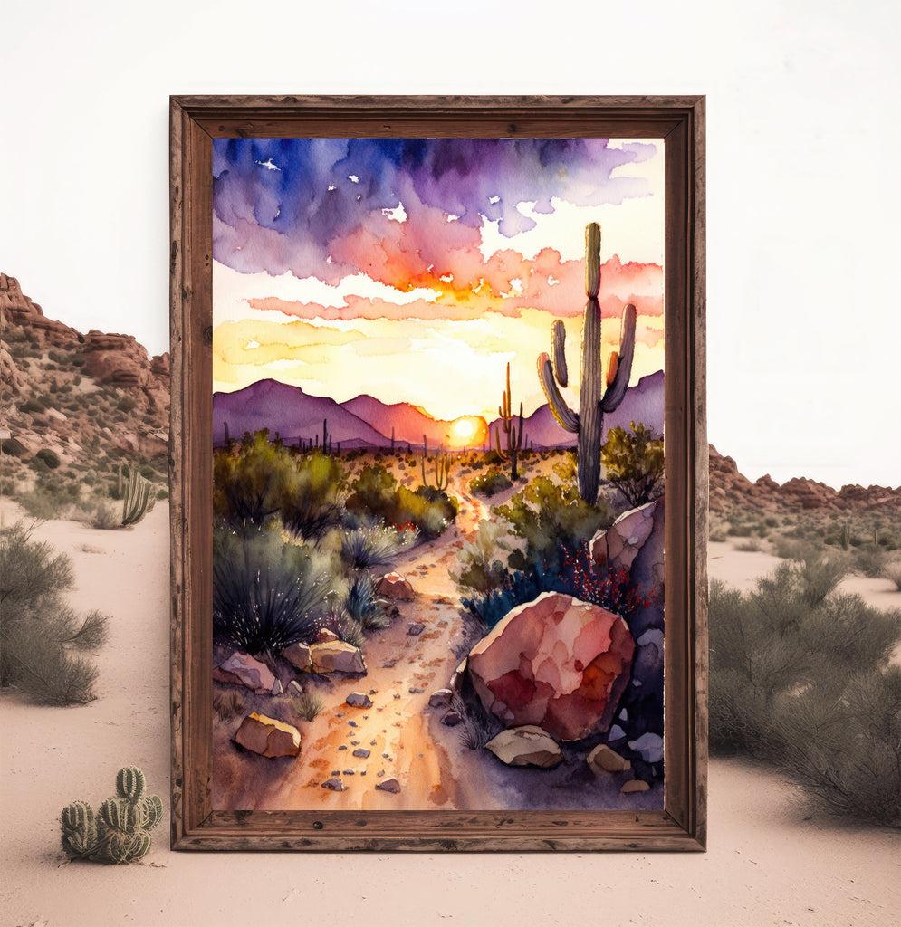 Desert Sunset Print Colorful Watercolor Wall Art Southwest Landscape Gift Saguaro Cactus Beautiful Nature Home Decor