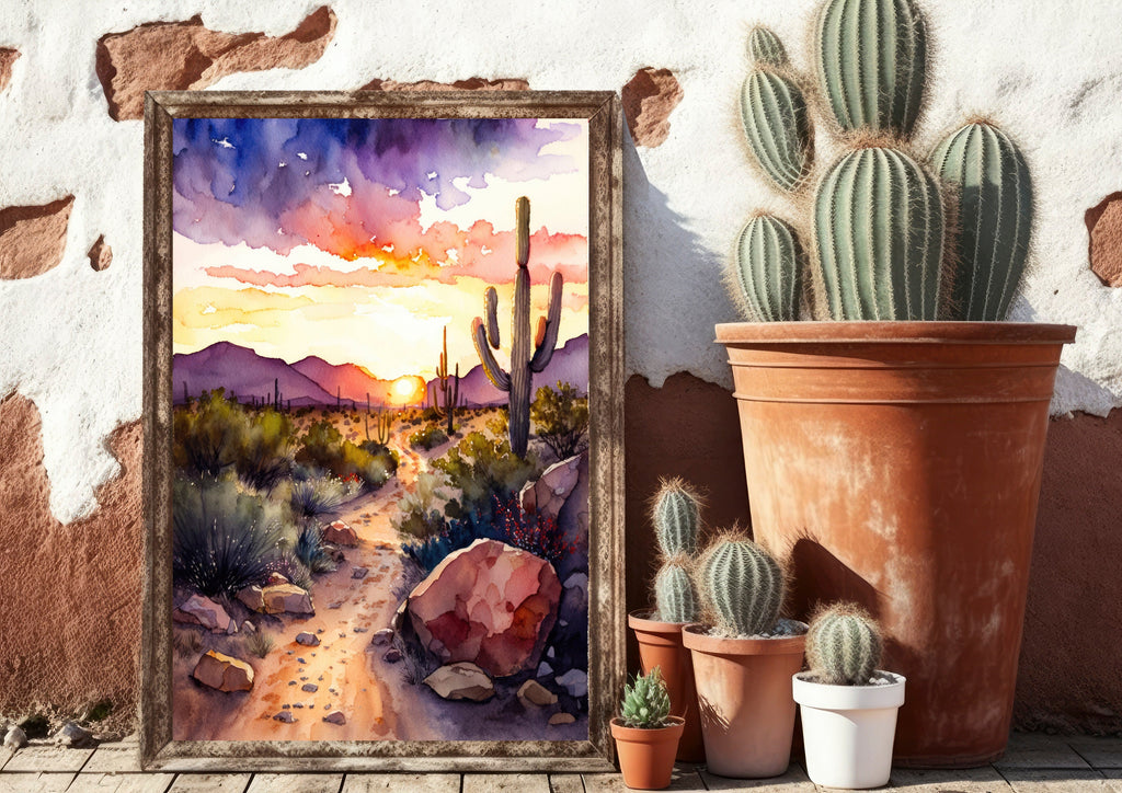 Desert Sunset Print Colorful Watercolor Wall Art Southwest Landscape Gift Saguaro Cactus Beautiful Nature Home Decor