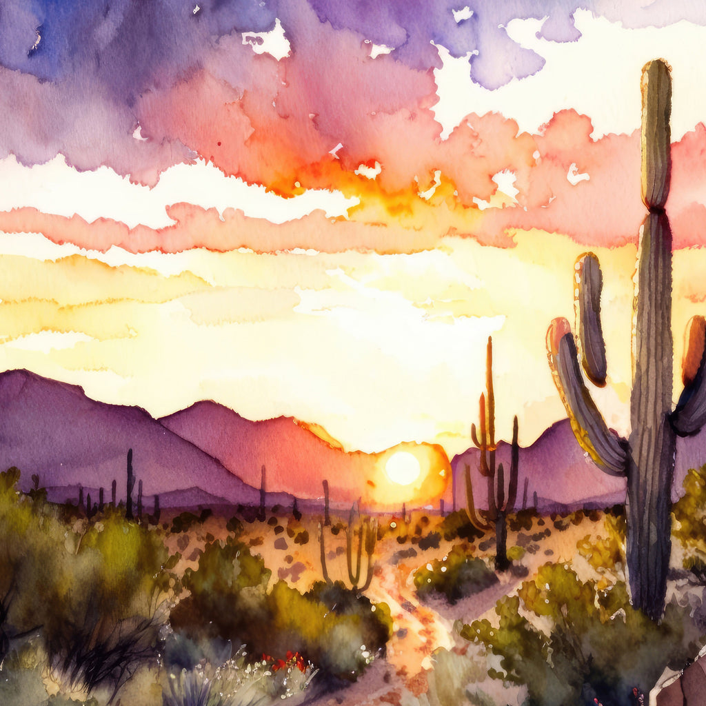 Desert Sunset Print Colorful Watercolor Wall Art Southwest Landscape Gift Saguaro Cactus Beautiful Nature Home Decor