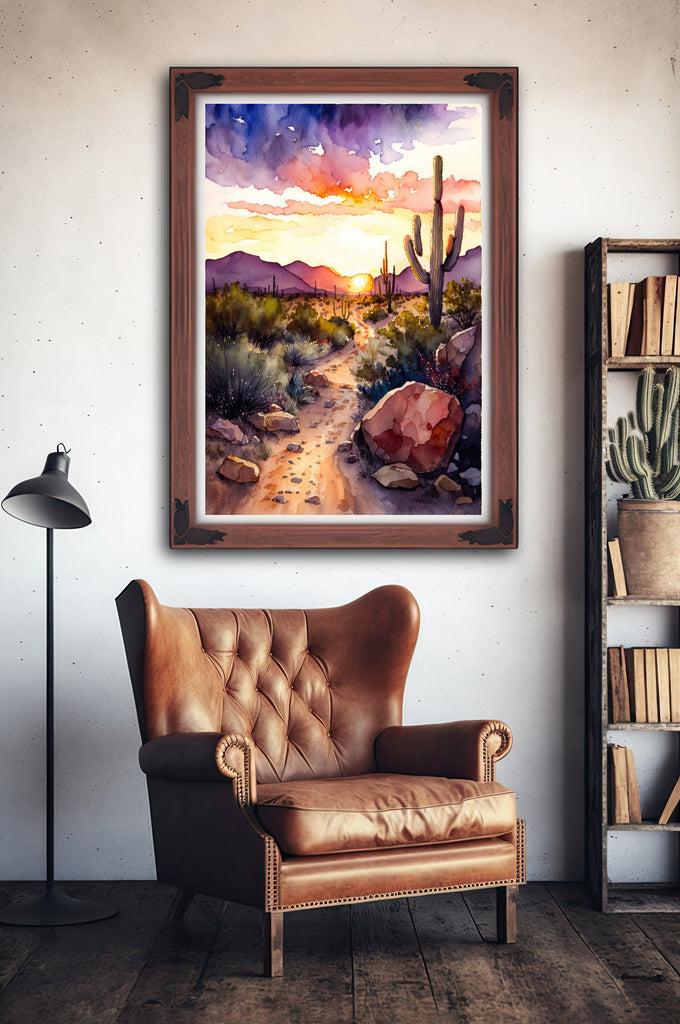 Desert Sunset Print Colorful Watercolor Wall Art Southwest Landscape Gift Saguaro Cactus Beautiful Nature Home Decor