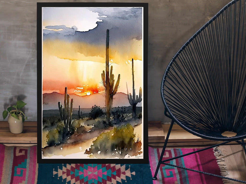 Desert Sunset Print Colorful Watercolor Wall Art Southwest Landscape Gift Saguaro Cactus Beautiful Nature Home Decor