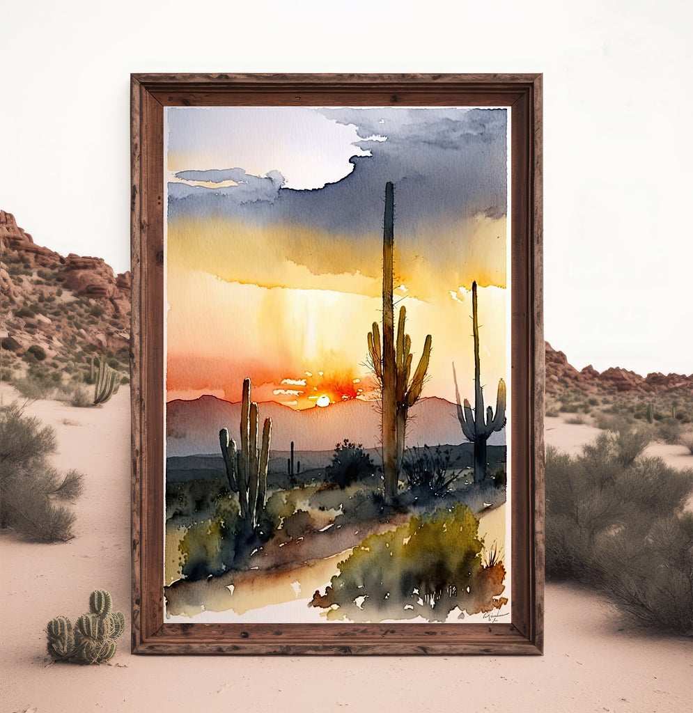 Desert Sunset Print Colorful Watercolor Wall Art Southwest Landscape Gift Saguaro Cactus Beautiful Nature Home Decor