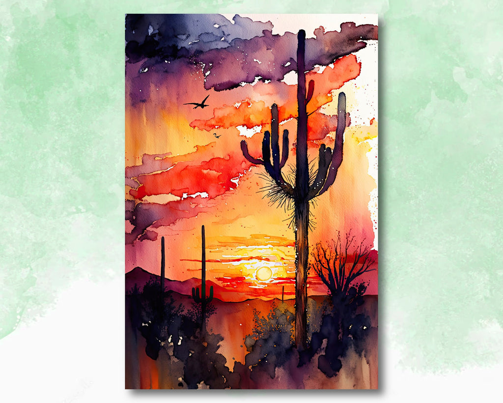 Desert Sunset Print Colorful Watercolor Wall Art Southwest Landscape Gift Saguaro Cactus Beautiful Nature Home Decor