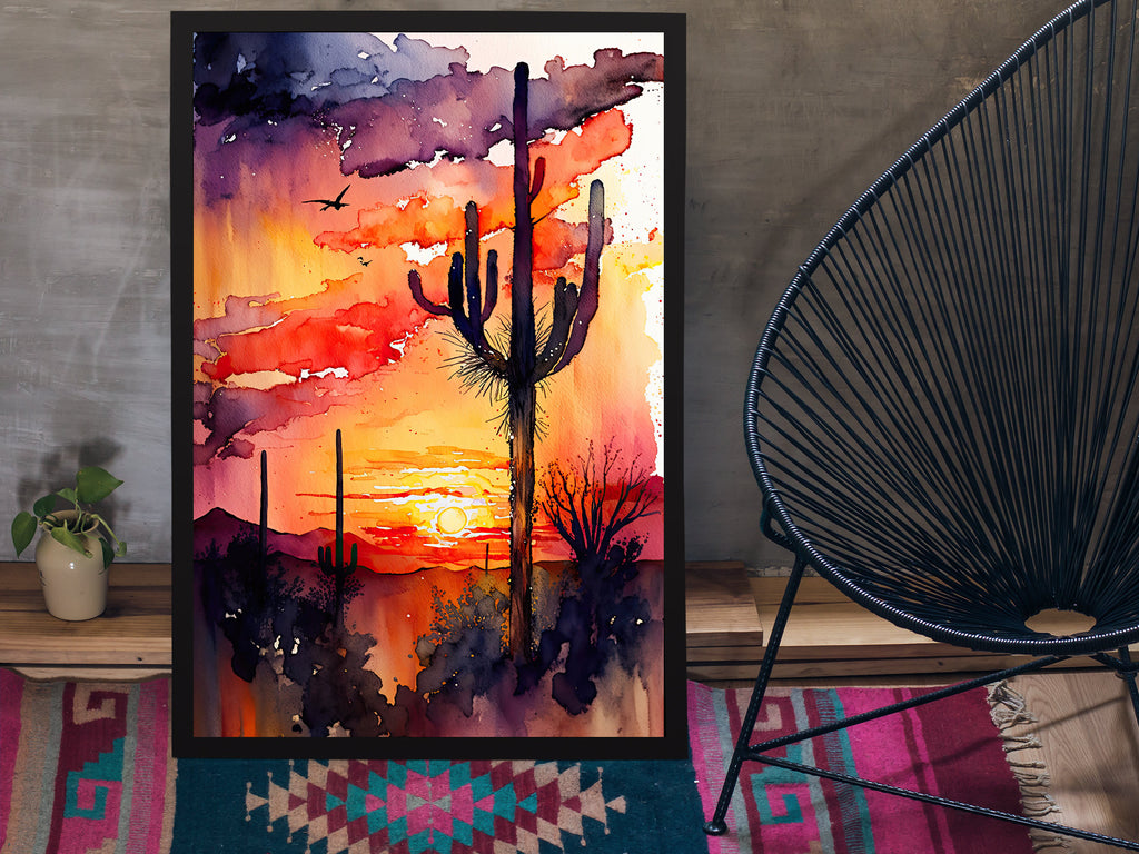 Desert Sunset Print Colorful Watercolor Wall Art Southwest Landscape Gift Saguaro Cactus Beautiful Nature Home Decor