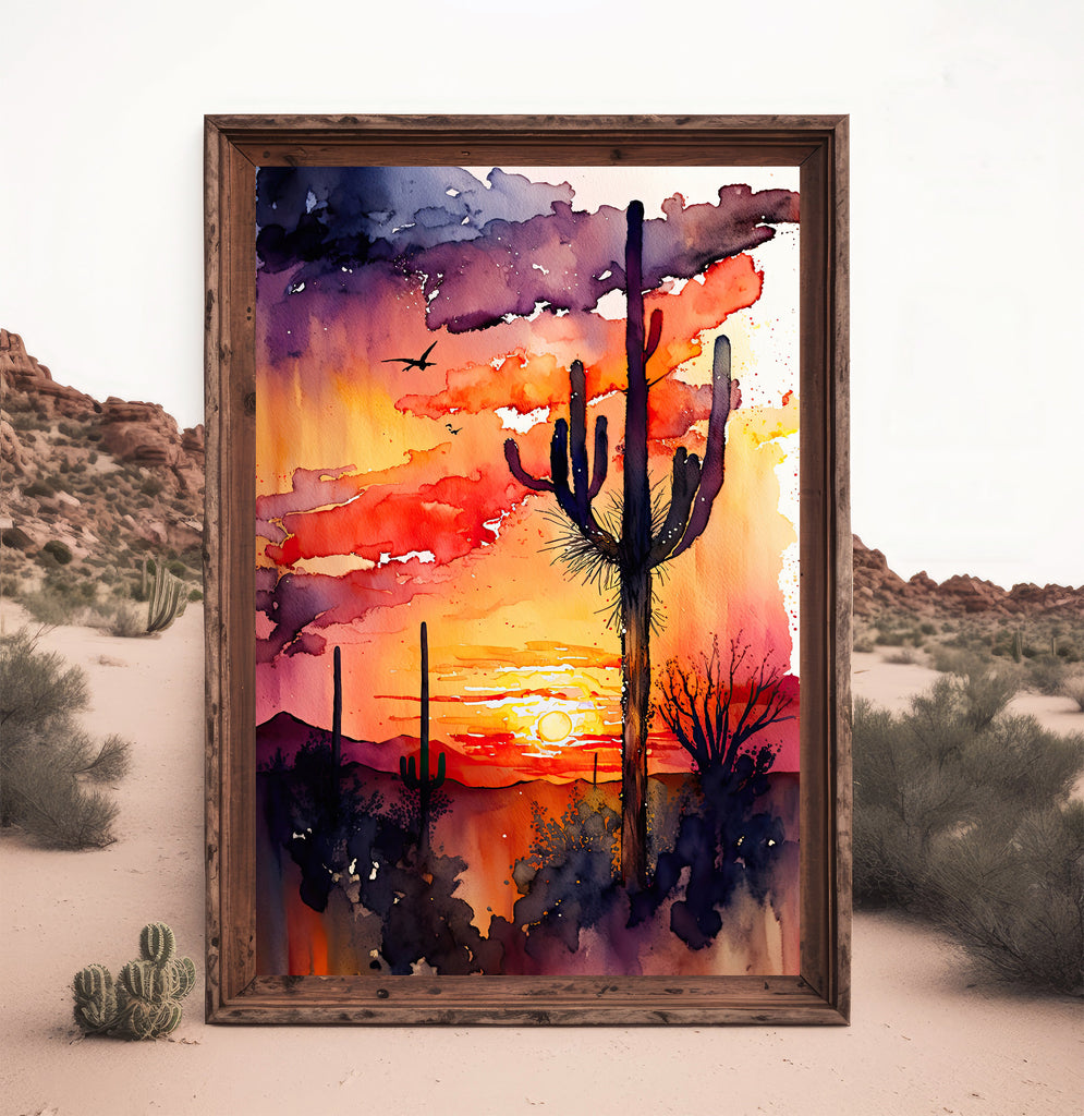 Desert Sunset Print Colorful Watercolor Wall Art Southwest Landscape Gift Saguaro Cactus Beautiful Nature Home Decor