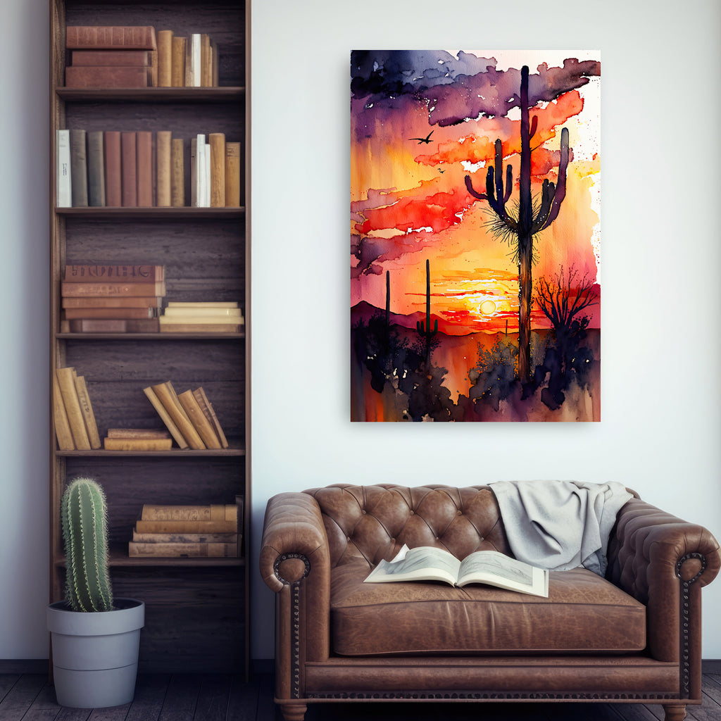 Desert Sunset Print Colorful Watercolor Wall Art Southwest Landscape Gift Saguaro Cactus Beautiful Nature Home Decor