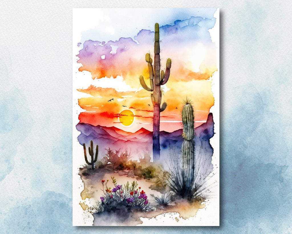 Desert Sunset Print Colorful Watercolor Wall Art Southwest Landscape Gift Saguaro Cactus Beautiful Nature Home Decor