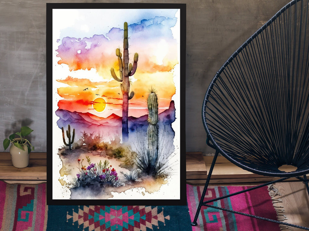 Desert Sunset Print Colorful Watercolor Wall Art Southwest Landscape Gift Saguaro Cactus Beautiful Nature Home Decor