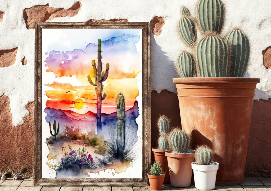 Desert Sunset Print Colorful Watercolor Wall Art Southwest Landscape Gift Saguaro Cactus Beautiful Nature Home Decor