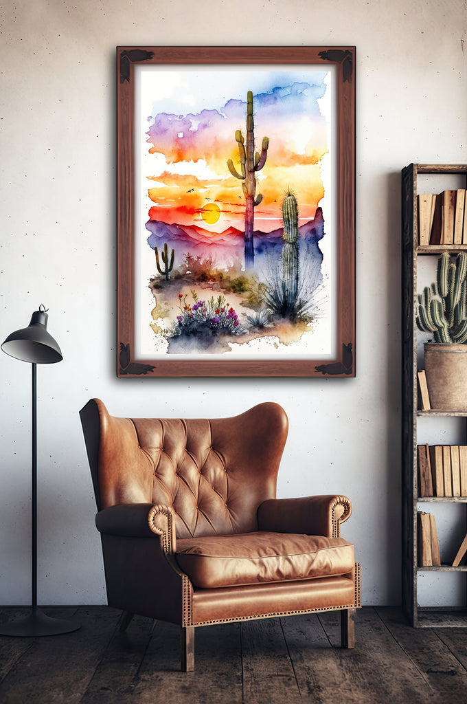 Desert Sunset Print Colorful Watercolor Wall Art Southwest Landscape Gift Saguaro Cactus Beautiful Nature Home Decor