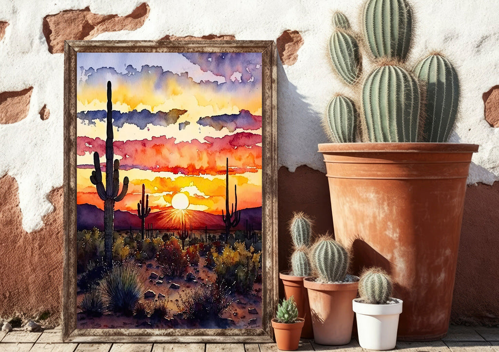 Desert Sunset Print Colorful Watercolor Wall Art Southwest Landscape Gift Saguaro Cactus Beautiful Nature Home Decor