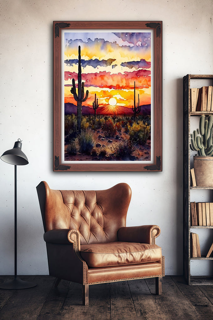 Desert Sunset Print Colorful Watercolor Wall Art Southwest Landscape Gift Saguaro Cactus Beautiful Nature Home Decor