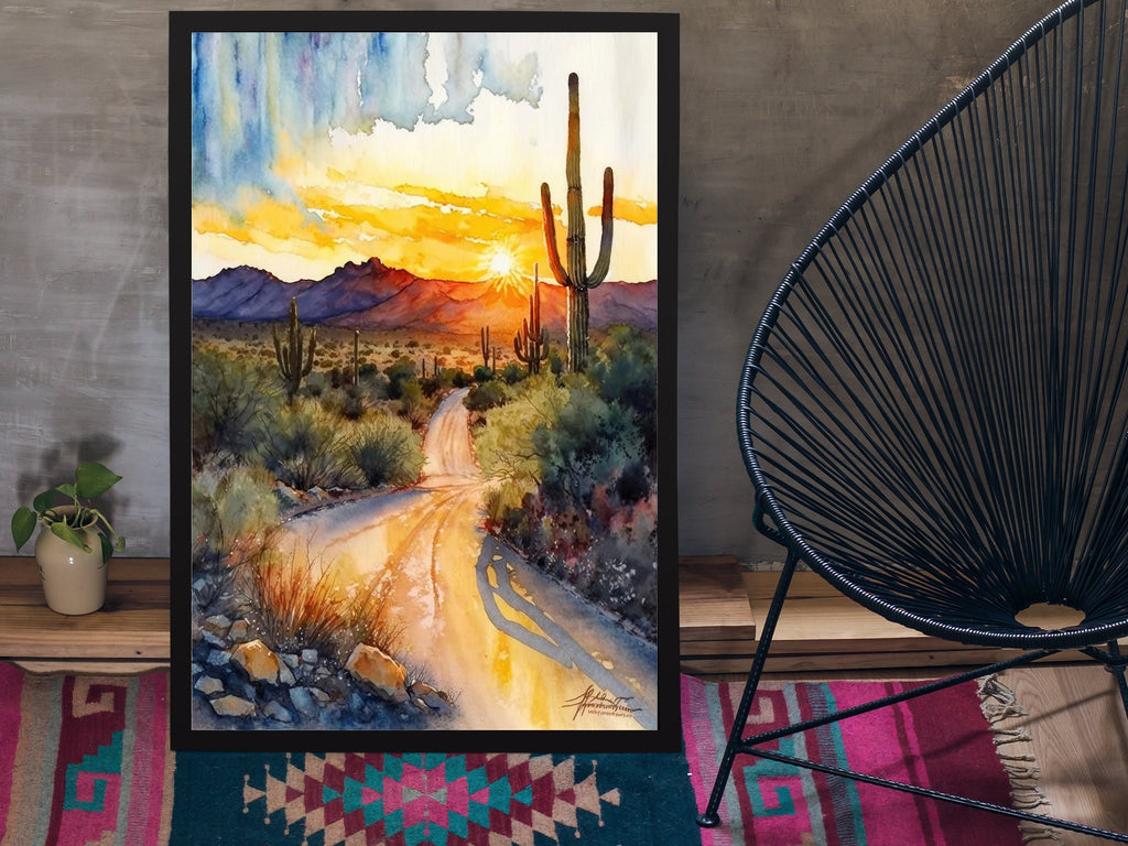 Desert Sunset Print Colorful Watercolor Wall Art Southwest Landscape Gift Saguaro Cactus Beautiful Nature Home Decor