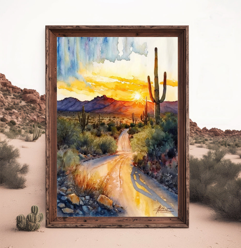 Desert Sunset Print Colorful Watercolor Wall Art Southwest Landscape Gift Saguaro Cactus Beautiful Nature Home Decor