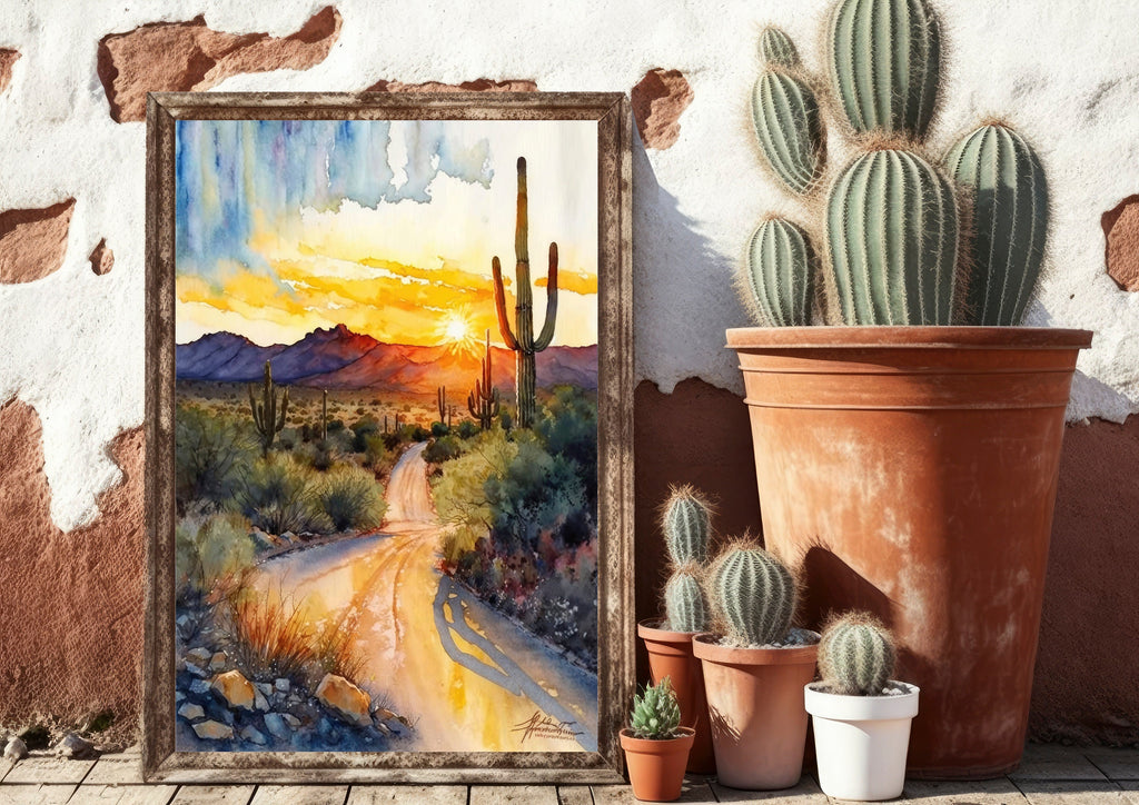 Desert Sunset Print Colorful Watercolor Wall Art Southwest Landscape Gift Saguaro Cactus Beautiful Nature Home Decor