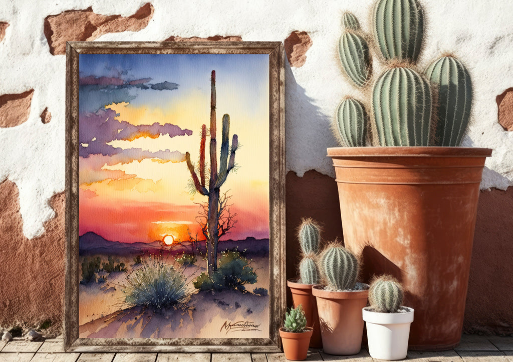 Desert Sunset Print Colorful Watercolor Wall Art Southwest Landscape Gift Saguaro Cactus Beautiful Nature Home Decor