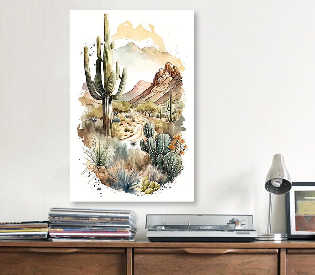 Desert Landscape Print Colorful Watercolor Wall Art Southwest Gift Saguaro Cactus Beautiful Nature Home Decor