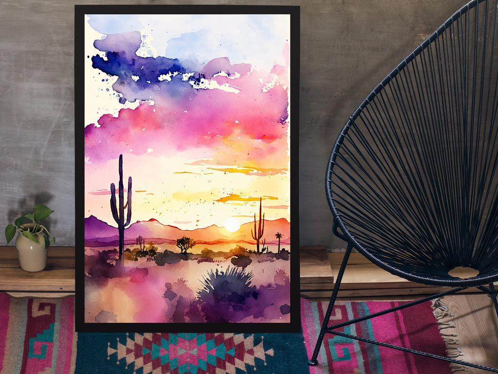 Desert Sunset Print Colorful Watercolor Wall Art Southwest Landscape Gift Saguaro Cactus Beautiful Nature Home Decor