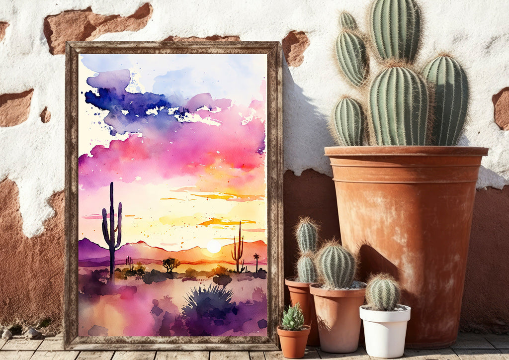 Desert Sunset Print Colorful Watercolor Wall Art Southwest Landscape Gift Saguaro Cactus Beautiful Nature Home Decor