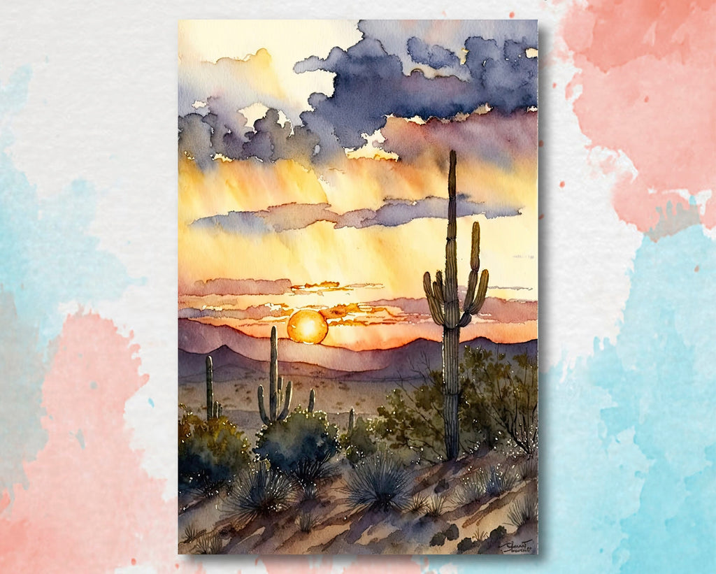 Desert Sunset Print Colorful Watercolor Wall Art Southwest Landscape Gift Saguaro Cactus Beautiful Nature Home Decor