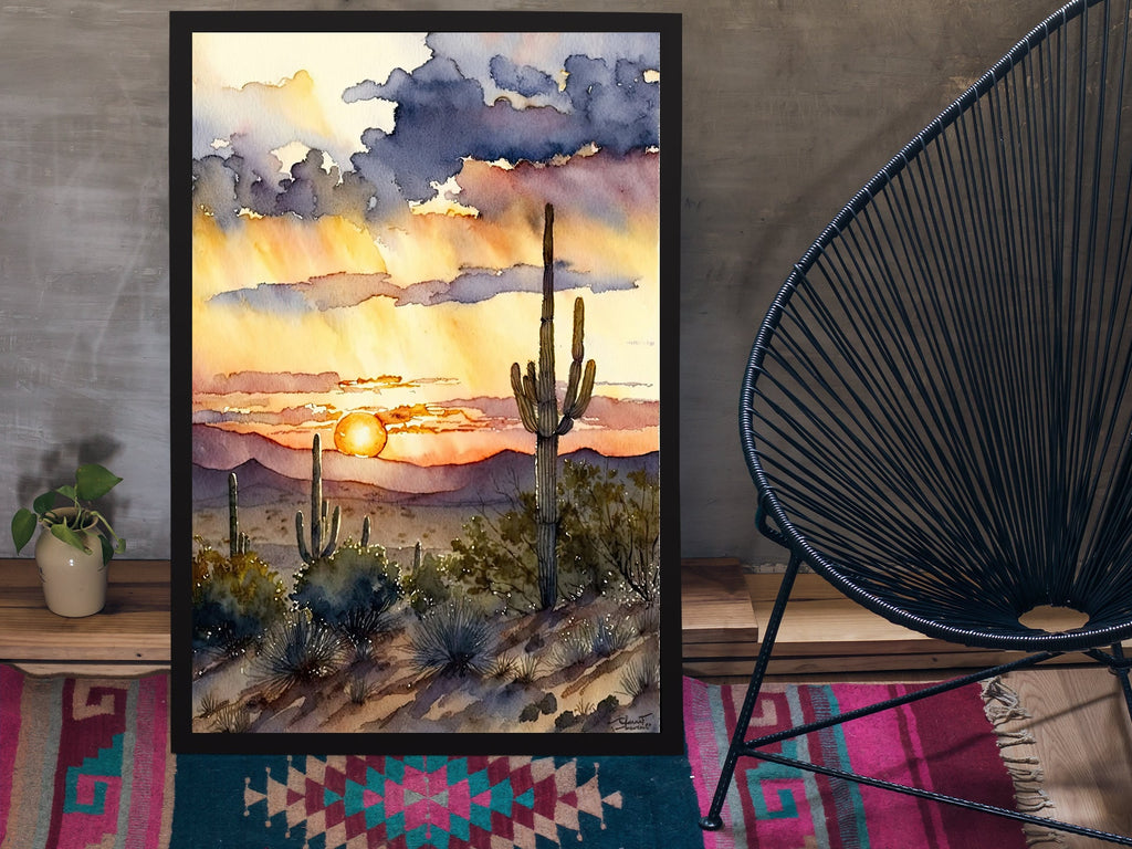 Desert Sunset Print Colorful Watercolor Wall Art Southwest Landscape Gift Saguaro Cactus Beautiful Nature Home Decor