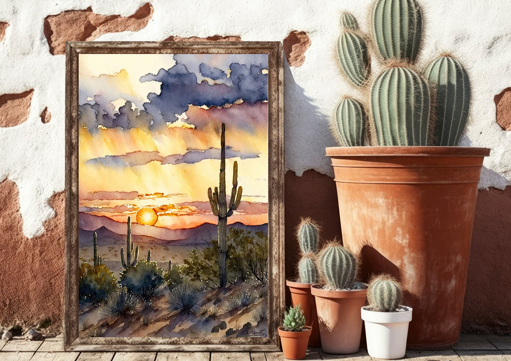 Desert Sunset Print Colorful Watercolor Wall Art Southwest Landscape Gift Saguaro Cactus Beautiful Nature Home Decor