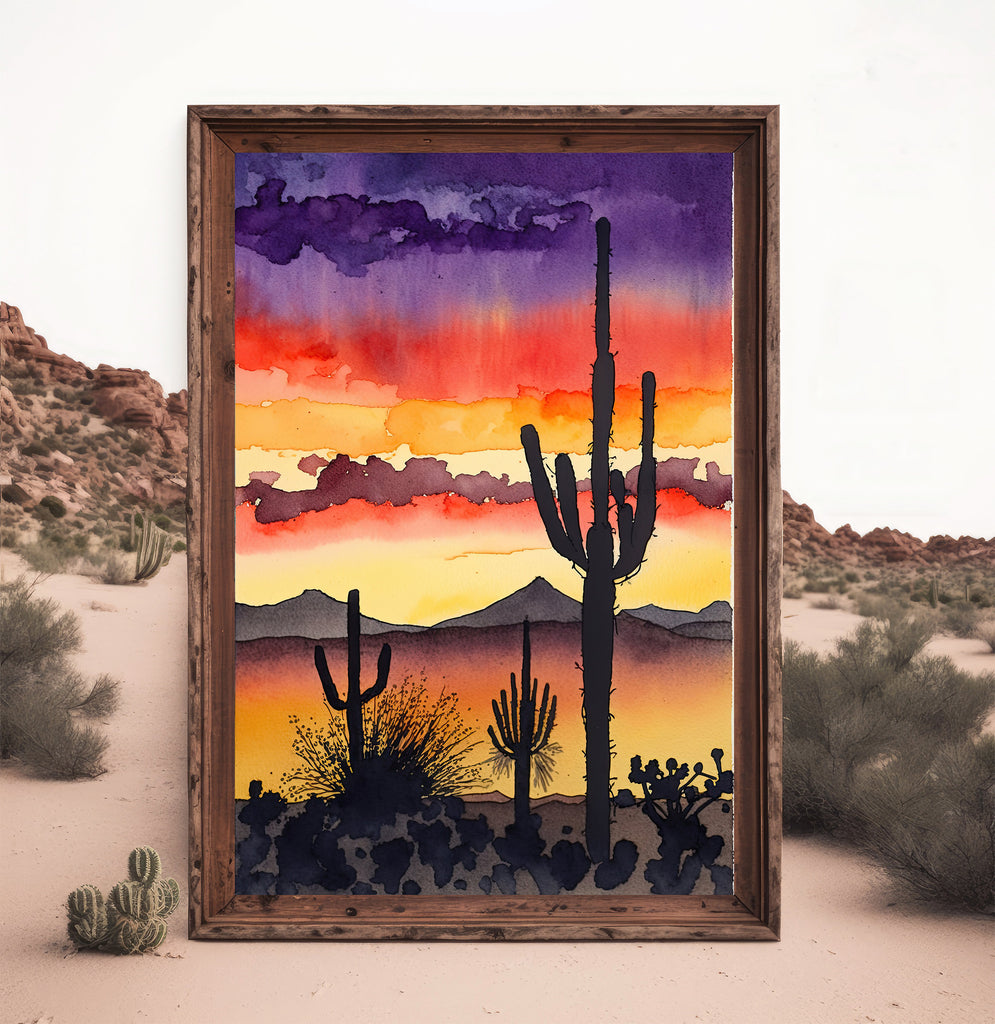 Desert Sunset Print Colorful Watercolor Wall Art Southwest Landscape Gift Saguaro Cactus Beautiful Nature Home Decor