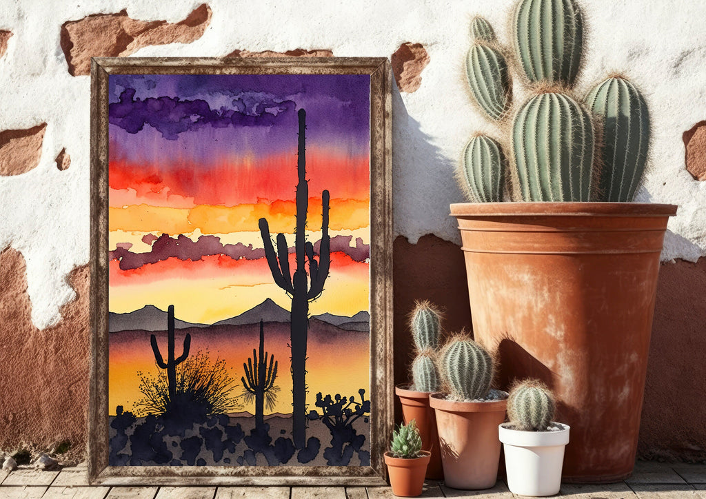 Desert Sunset Print Colorful Watercolor Wall Art Southwest Landscape Gift Saguaro Cactus Beautiful Nature Home Decor