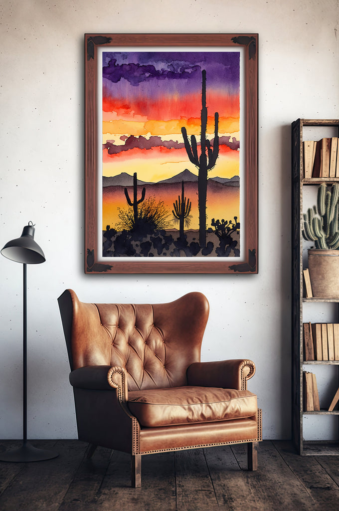 Desert Sunset Print Colorful Watercolor Wall Art Southwest Landscape Gift Saguaro Cactus Beautiful Nature Home Decor