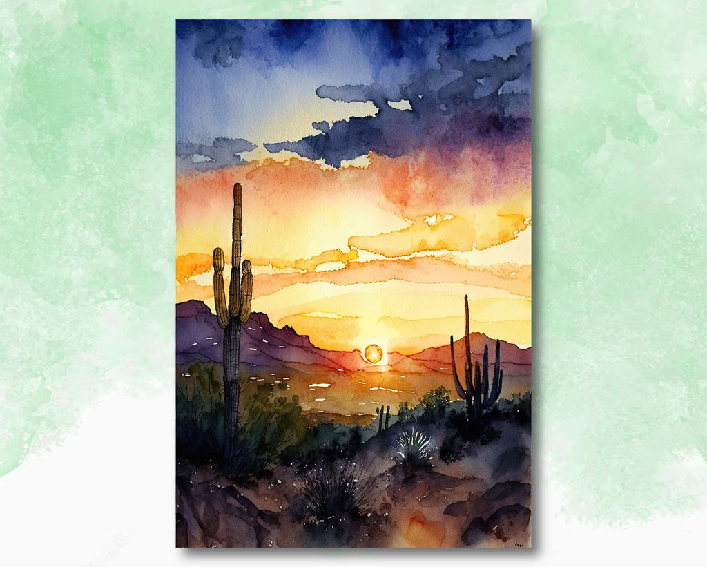 Desert Sunset Print Colorful Watercolor Wall Art Southwest Landscape Gift Saguaro Cactus Beautiful Nature Home Decor