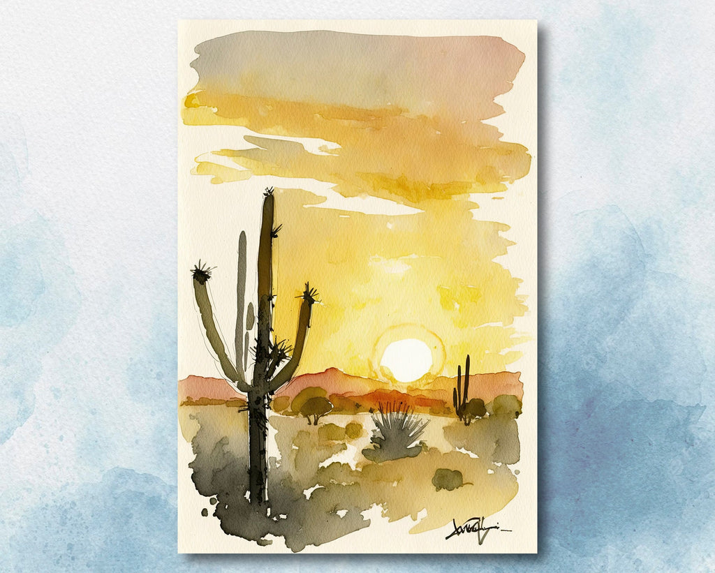 Desert Sunset Print Colorful Watercolor Wall Art Southwest Landscape Gift Saguaro Cactus Beautiful Nature Home Decor