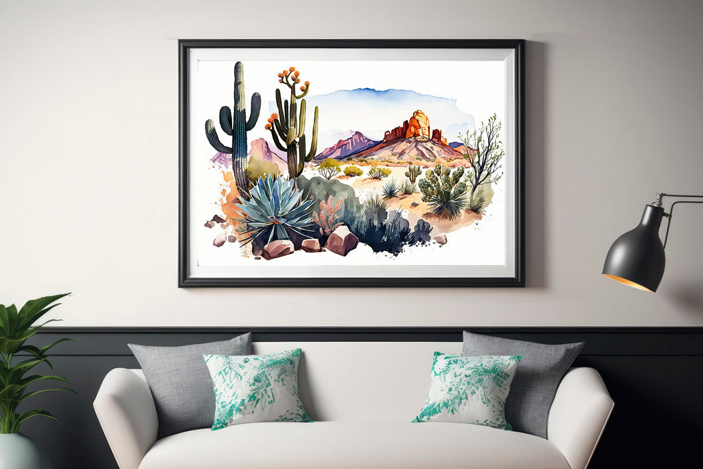 Desert Landscape Print Colorful Watercolor Wall Art Southwest Gift Saguaro Cactus Beautiful Nature Home Decor