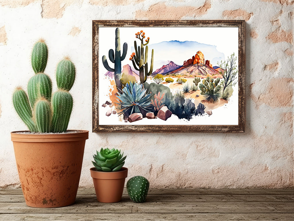 Desert Landscape Print Colorful Watercolor Wall Art Southwest Gift Saguaro Cactus Beautiful Nature Home Decor