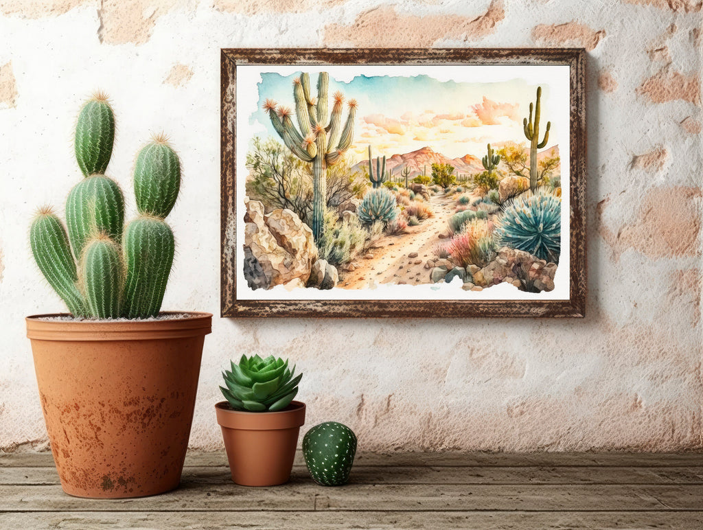 Desert Sunset Print Colorful Watercolor Wall Art Southwest Landscape Gift Saguaro Cactus Beautiful Nature Home Decor