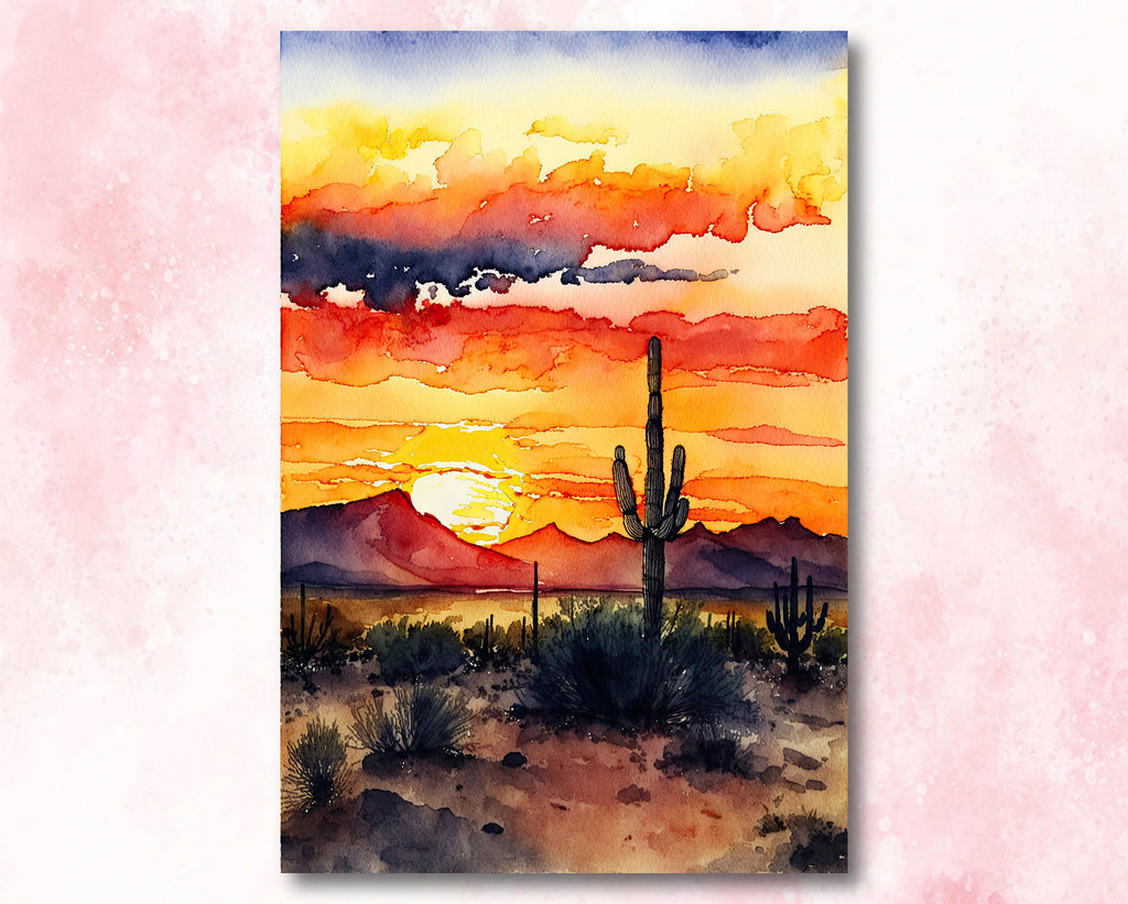 Desert Sunset Print Colorful Watercolor Wall Art Southwest Landscape Gift Saguaro Cactus Beautiful Nature Home Decor