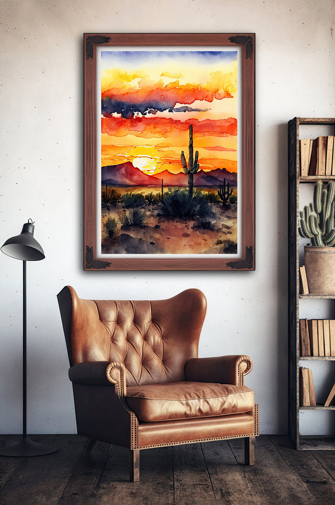 Desert Sunset Print Colorful Watercolor Wall Art Southwest Landscape Gift Saguaro Cactus Beautiful Nature Home Decor