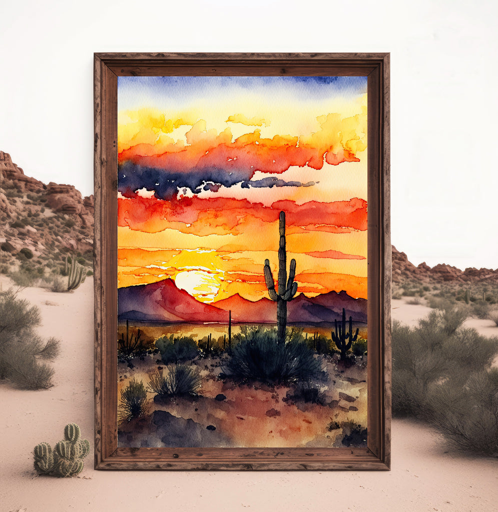 Desert Sunset Print Colorful Watercolor Wall Art Southwest Landscape Gift Saguaro Cactus Beautiful Nature Home Decor