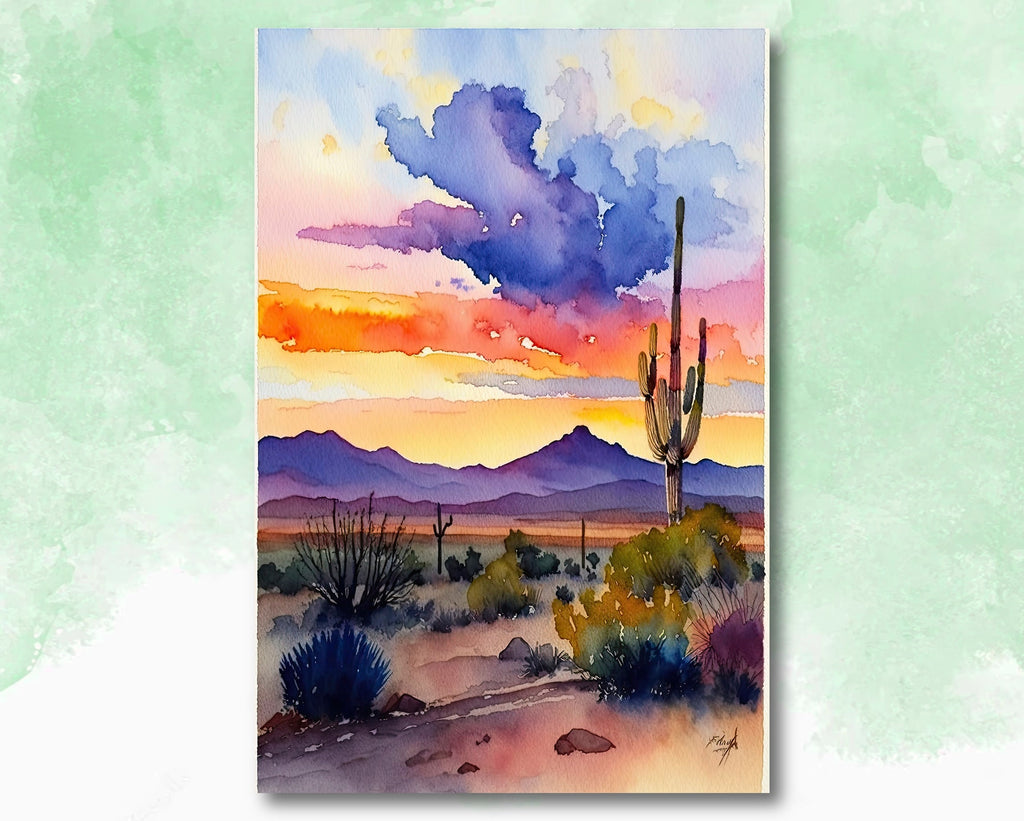 Desert Sunset Print Colorful Watercolor Wall Art Southwest Landscape Gift Saguaro Cactus Beautiful Nature Home Decor