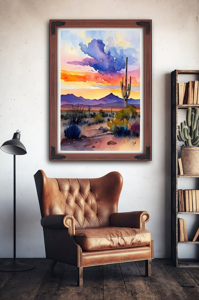 Desert Sunset Print Colorful Watercolor Wall Art Southwest Landscape Gift Saguaro Cactus Beautiful Nature Home Decor