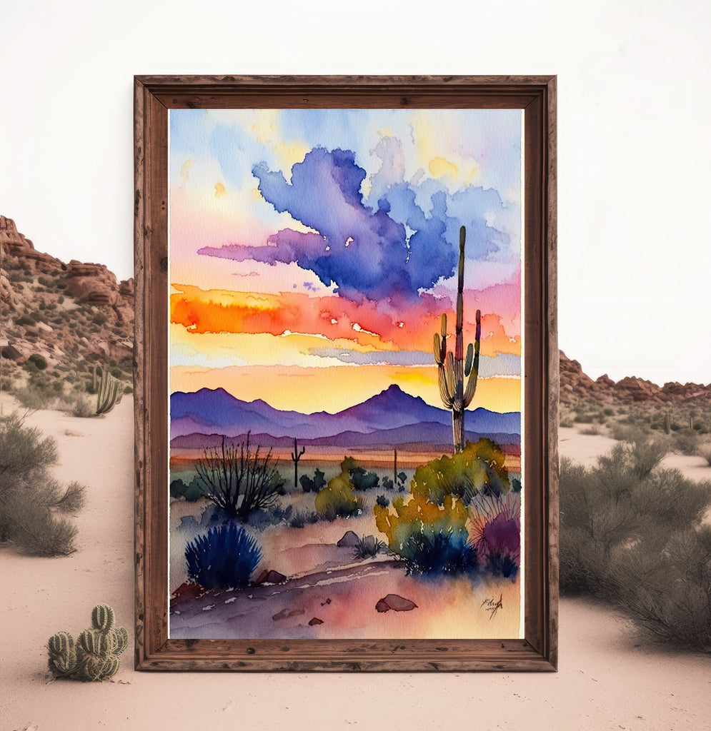 Desert Sunset Print Colorful Watercolor Wall Art Southwest Landscape Gift Saguaro Cactus Beautiful Nature Home Decor