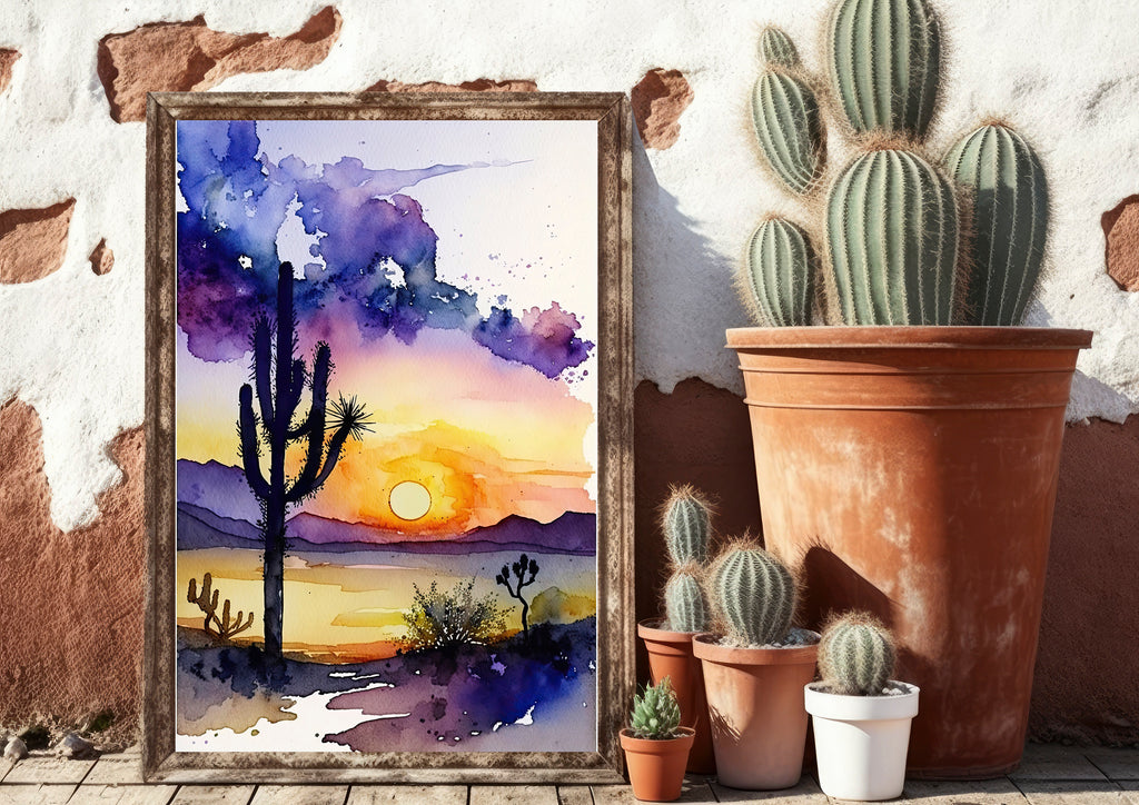 Desert Sunset Print Colorful Watercolor Wall Art Southwest Landscape Gift Saguaro Cactus Beautiful Nature Home Decor