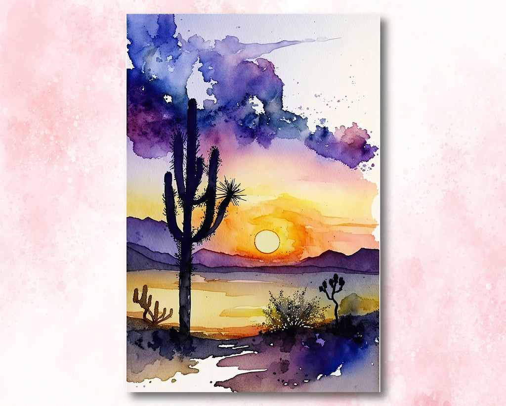 Desert Sunset Print Colorful Watercolor Wall Art Southwest Landscape Gift Saguaro Cactus Beautiful Nature Home Decor