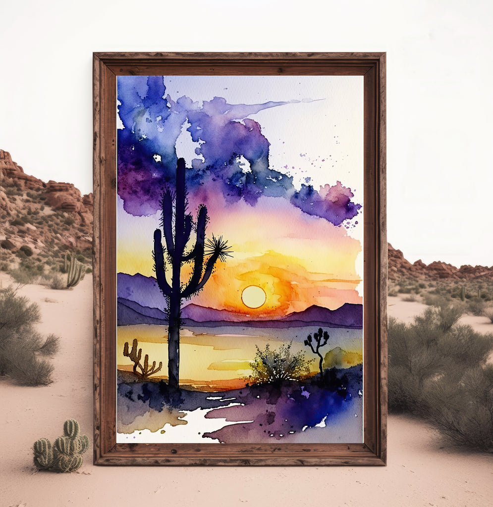 Desert Sunset Print Colorful Watercolor Wall Art Southwest Landscape Gift Saguaro Cactus Beautiful Nature Home Decor