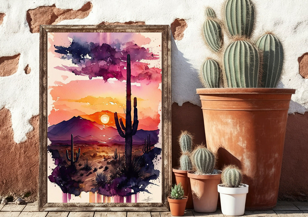 Desert Sunset Print Colorful Watercolor Wall Art Southwest Landscape Gift Saguaro Cactus Beautiful Nature Home Decor