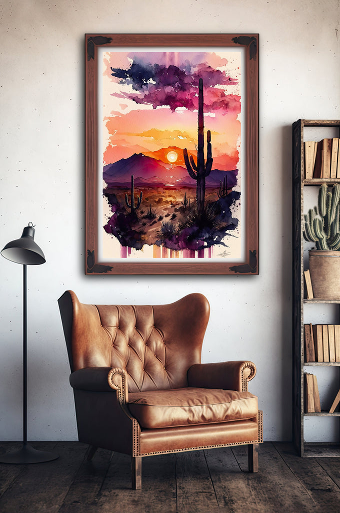 Desert Sunset Print Colorful Watercolor Wall Art Southwest Landscape Gift Saguaro Cactus Beautiful Nature Home Decor