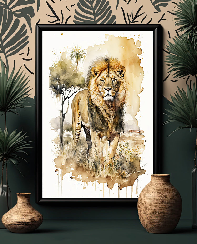 Lion Watercolor Print African Nature Wall Art Wildlife Gift Animal Home Decor