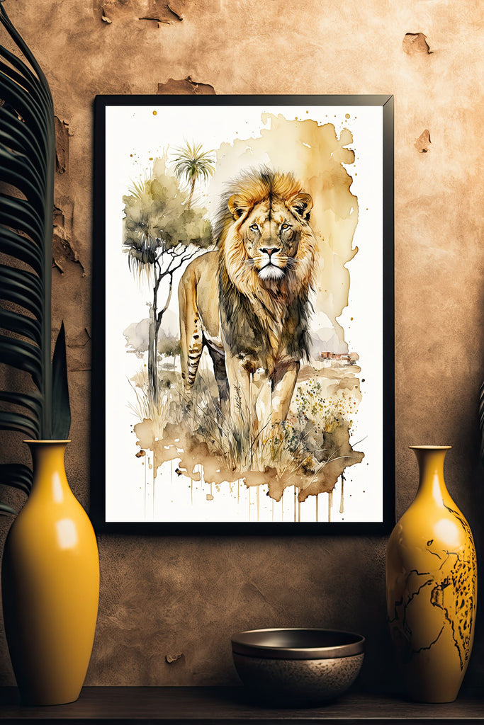 Lion Watercolor Print African Nature Wall Art Wildlife Gift Animal Home Decor