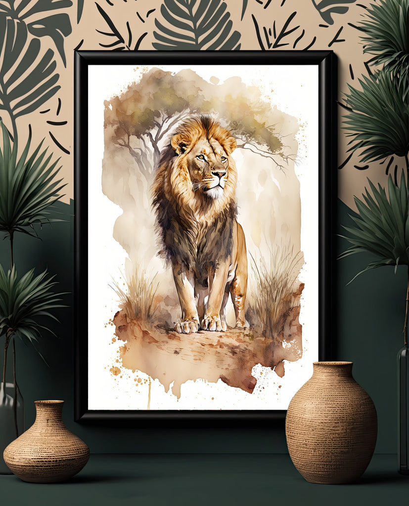 Lion Watercolor Print African Nature Wall Art Wildlife Gift Animal Home Decor