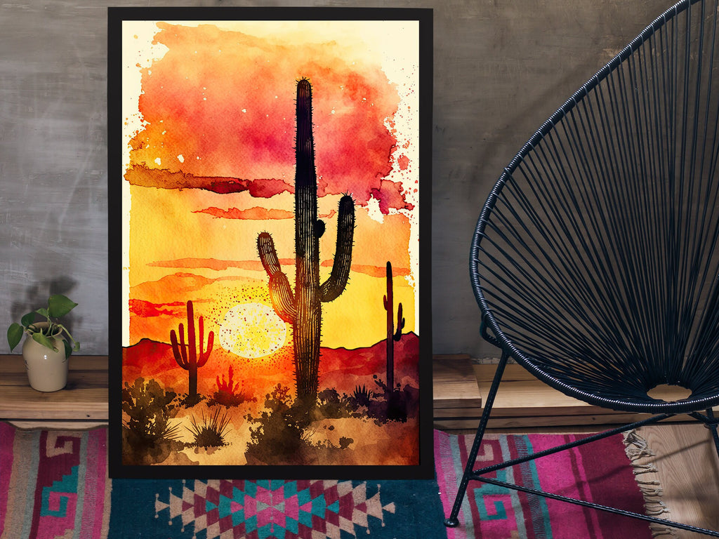 Desert Sunset Print Colorful Watercolor Wall Art Southwest Landscape Gift Saguaro Cactus Beautiful Nature Home Decor